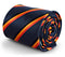 navy tie with red, black and orange stripe design